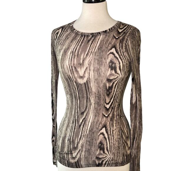 BCBG Max Azria LS Shirt, Brown Wood Grain Print XS - EUC - Picture 1 of 5